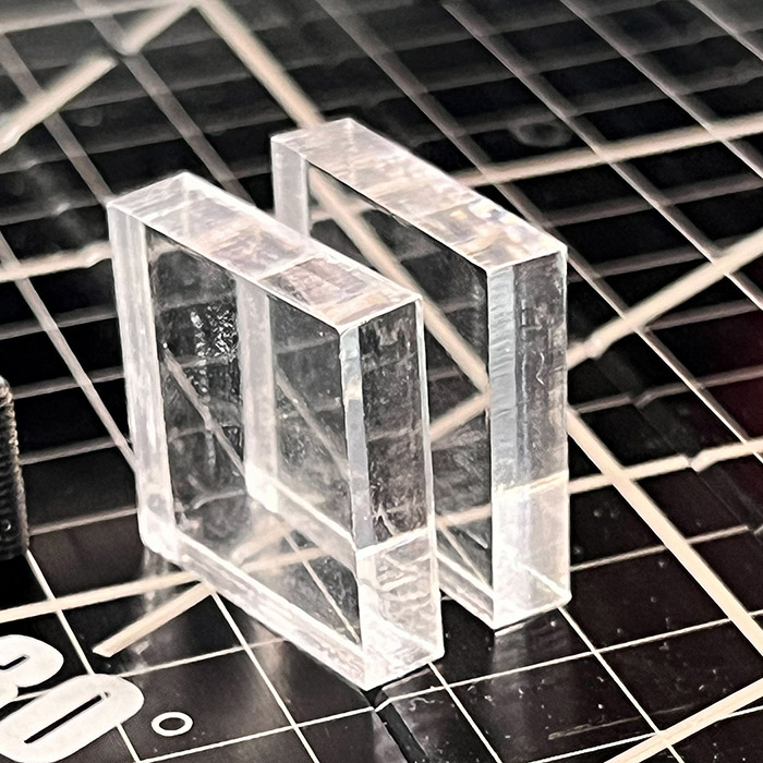 clear acrylic samples, RF on the left, glass on the right