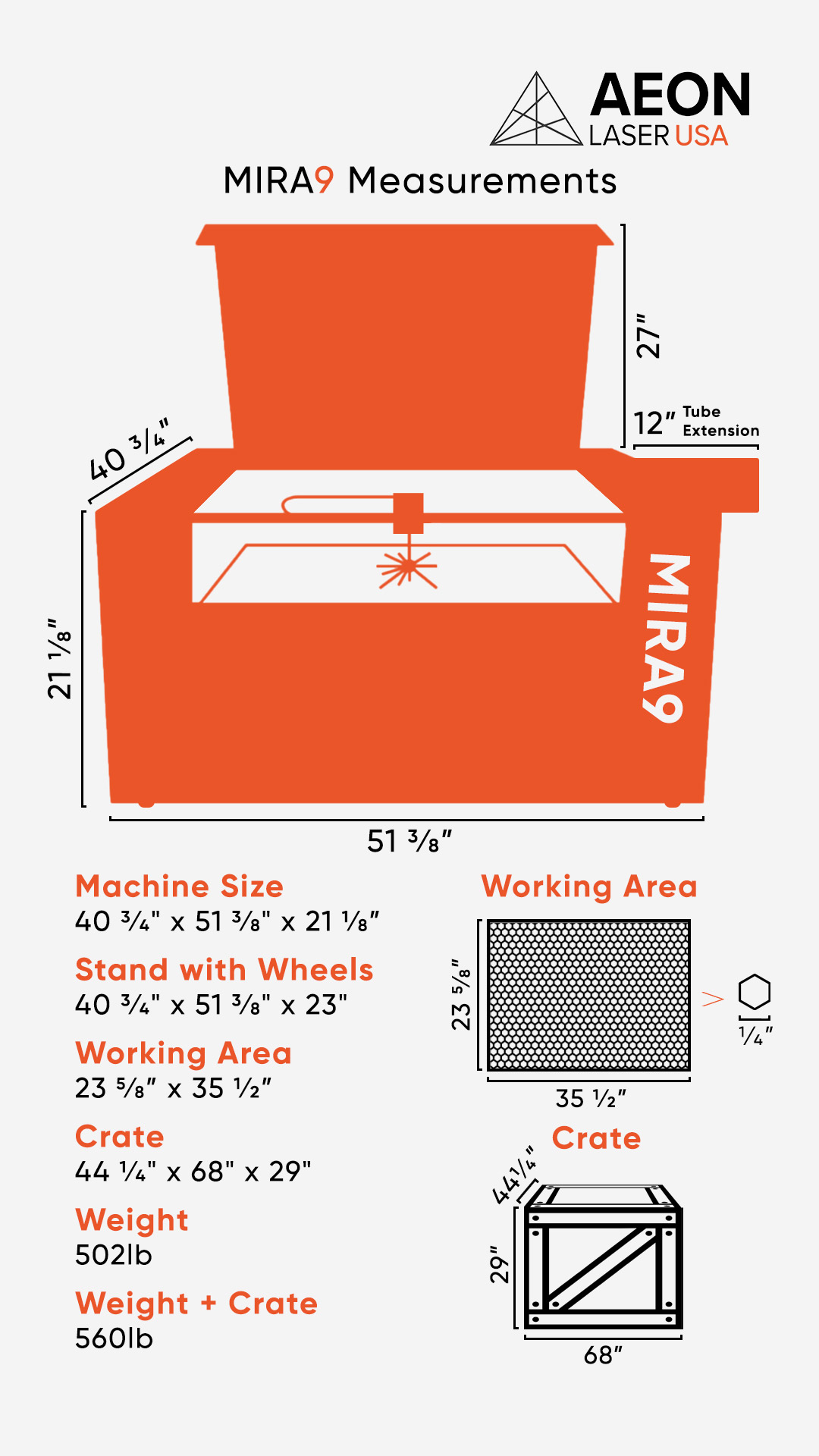 Graphic showing the dimensions of the Aeon MIRA9legacy laser, crate size, and weight info