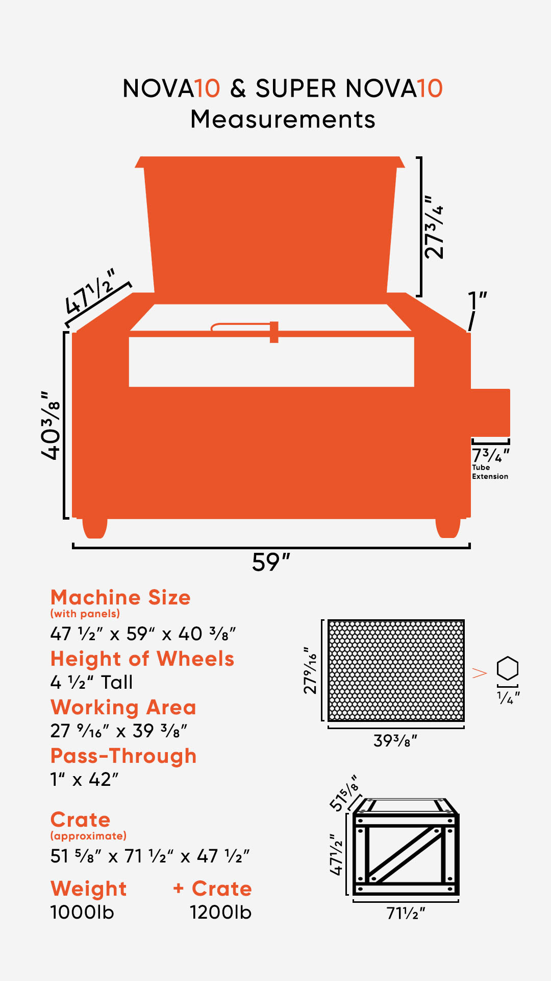 Graphic showing the dimensions of the SuperNOVA10Legacy laser, crate size, and weight info