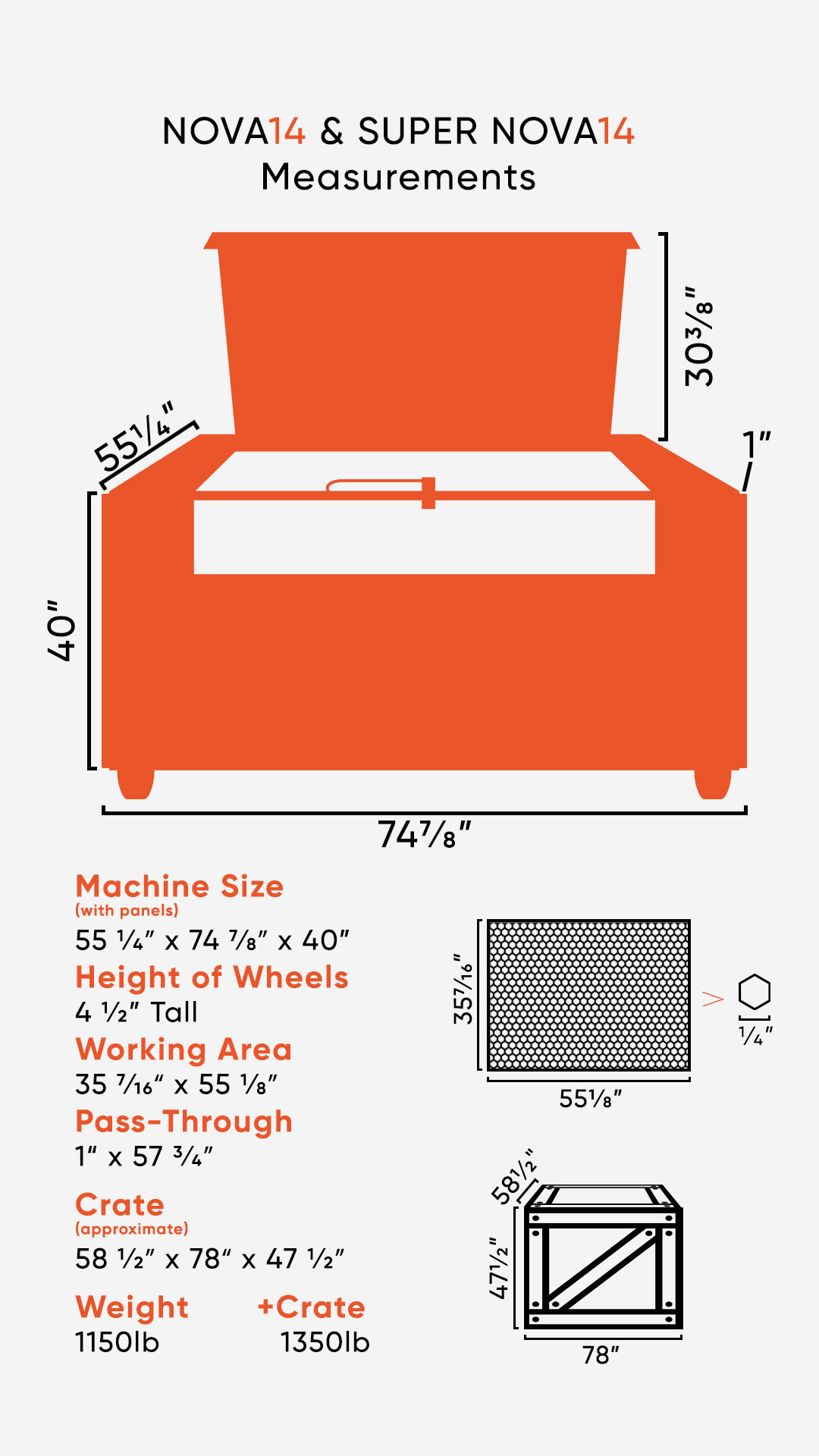 Graphic showing the dimensions of the SuperNOVA14Legacy laser, crate size, and weight info