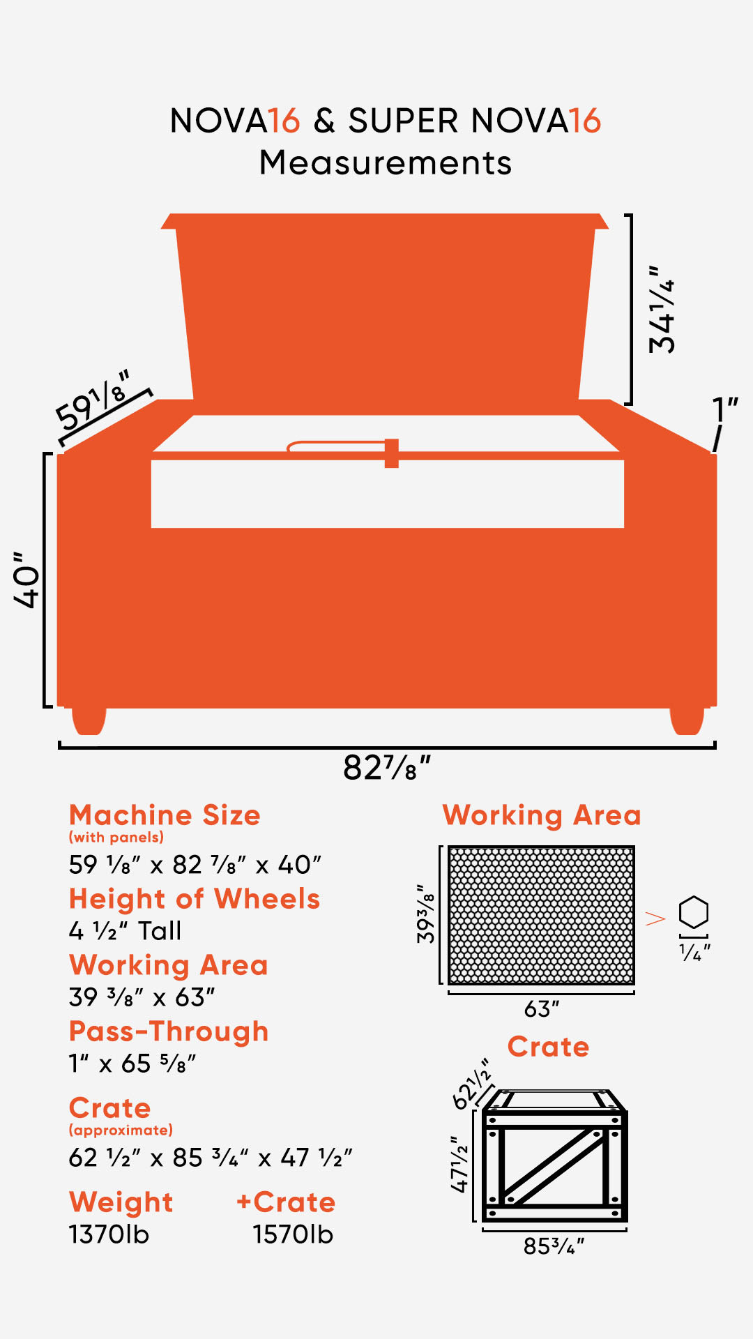 Graphic showing the dimensions of the SuperNOVA16Legacy laser, crate size, and weight info